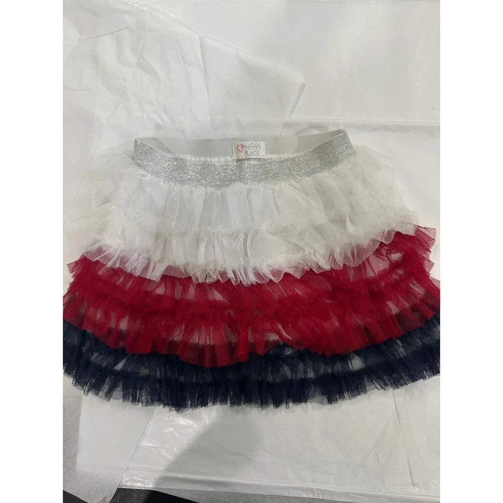 The Childrens Place Girls 4T Red White Blue Tiered Tutu Skirt Glitter Waistband